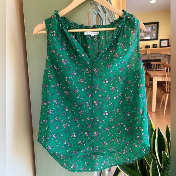 XiRENA Women’s Isabel Silk/cotton Ruffle Tank Top Color Green Grass Print Medium - Picture 3 of 15